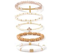 EQUBIO Cross Bracelet Set for Women, Stackable Beaded Stretch Bracelets with Gold Accents, White Beads and Wood Beads, Boho Layering Christian Faith Bracelets for Everyday Wear & Gift