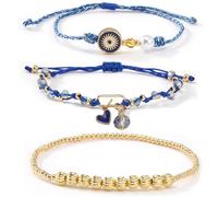 EQUBIO Evil Eye Bracelet Set for Women, 3PCS Stackable Bracelets with Adjustable Braided Cord, Gold Beaded Bracelet, Pearl & Heart Charm, Blue Protection Good Luck Jewelry Gift for Her