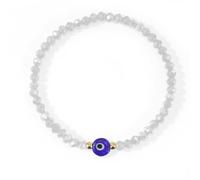 EQUBIO Evil Eye White Crystal Beaded Bracelet, 4mm Faceted Beads with Blue Glass Charm and 3mm Hematite Gold Accents Stretch Protection Jewelry for Women and Men