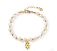 EQUBIO Freshwater Pearl Gold Tone Bead Bracelet with Virgin Mary Medal Charm, Adjustable Chain Faith Jewelry for Women