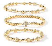EQUBIO Gold Beaded Stretch Bracelet Set, 3PCS Clover Charm Textured Ball Layered Jewelry for Women