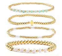 EQUBIO Gold Beaded Stretch Bracelet Set with Faux Pearls, Green Beads and Cross Charm, Layered Stackable Jewelry for Women,