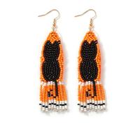 EQUBIO Halloween Black Cat Tassel Earrings - Handmade Beaded Dangle Jewelry for Women, Spooky Party Statement Accessories