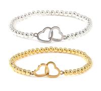 EQUBIO Interlocking Heart Beaded Stretch Bracelets Set, Gold and Silver Tone Stainless Steel Beads Couple Friendship Jewelry