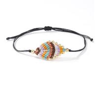 EQUBIO Leaf Macrame Wax Cord Bracelet with Gold Copper Beads, Black Cord Boho Adjustable Braided Nature Wristband in Multicolor Rainbow Tones for Women and Men
