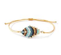 EQUBIO Leaf Macrame Wax Cord Bracelet with Gold Copper Beads, Gold Cord Boho Adjustable Braided Nature Wristband in Turquoise Blue Tones for Women and Men