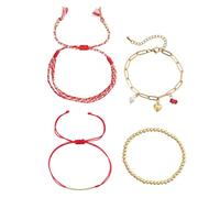 EQUBIO Make a Wish Bracelet Set for Women, 4PCS Stackable Red and Gold Bracelets with Beaded Chain, Charm Link Chain and Braided Cord, Layered Boho Jewelry, Gift for Her