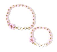 EQUBIO MAMA MINI Beaded Bracelet Set, 2PCS 4mm Pink Seed Bead Daisy Stretch Bracelets, Gold Letter Mommy and Me Jewelry, New Mom Shower Mother’s Day Gift