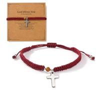 EQUBIO Red Braided Cord Cross Bracelet with Stainless Steel Charm and Tiger Eye Bead, Adjustable Christian Faith Jewelry for Men and Women