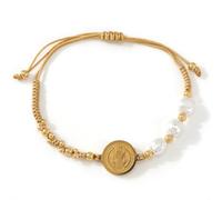 EQUBIO St Benedict Bracelet for Women, Adjustable Gold Beaded Cord Bracelet with Saint Benedict Medal and Pearl Beads, Christian Catholic Religious Charm Bracelet, Faith Jewelry Gift for Her