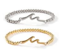 EQUBIO Wave Bar Stainless Steel Bead Bracelets Set, Gold and Silver Tone Stretch Minimalist Jewelry for Women and Men