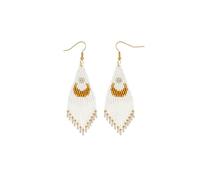 EQUBIO White Seed Bead Fringe Moon Earrings for Women, Hand-Woven 12/0 Beads with Gold Crescent Pattern, Lightweight Boho Tassel Dangle Earrings with Fish-Hook Wires - Pair