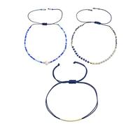 EQUBIO Wish Bracelet Set for Women, 3PCS Stackable Bracelets with Adjustable Cord Gold Bar Bracelet, Blue Seed Bead Bracelets with Pearl Accent, Boho Minimalist Layering Jewelry Gift for Her