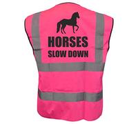 Equestrian HORSES SLOW DOWN Hi Viz Vis Vest Horse Riding Reflective Waistcoat Jacket Road Safety Visibility Pink XXX-Large