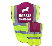 Equestrian Horses Slow Down Hi Viz Vis Vest Horse Riding Reflective Waistcoat Jacket Road Safety Visibility Yellow/Pink XX-Large