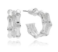 Equilibrium Bamboo Collection Sparkle Ring Silver Plated Hoop Earrings, Pavé CZ Accents, Sculptural Design, 1.7 x 0.8 x 0.2 cm