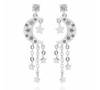 Equilibrium Celestial Moon and Stars Silver Plated Drop Earrings with CZ Crystals, Dangle Chain Design, Height: 1.5 x Width: 0.9 x Depth: 0.2 in cm