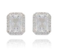 Equilibrium Chic Sparkle Collection Silver Plated Stud Earrings, Rectangular Cubic Zirconia with Halo Design