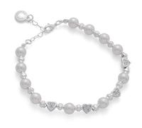 equilibrium Contemporary Collection Pearl Sparkle Bracelet, Silver Plated with Cubic Zirconia Heart Detail, Beaded Stretch Design