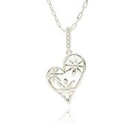 equilibrium Daisy Chain Collection Silver Plated Heart Necklace with Pavé Cubic Zirconia, Floral Daisy Design, Gift Boxed