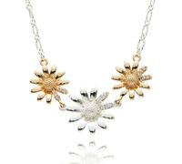 equilibrium Daisy Chain Collection Three Daisies Necklace, Two Tone Silver and Gold Plated, Pavé Cubic Zirconia Floral Pendant, Gift Boxed