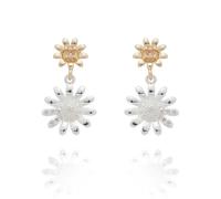Equilibrium Daisy Chain Collection Two Tone Drop Earrings, Silver and Gold Plated, Pavé Cubic Zirconia, Floral Statement Jewellery