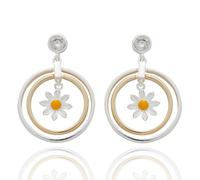 Equilibrium Daisy Chain Collection Two Tone Drop Earrings, Silver and Gold Plated with Cubic Zirconia, Daisies Design, Gift Boxed