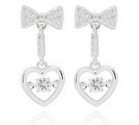 Equilibrium Eternal Bow Collection Moving Crystal Heart Silver Plated Earrings, Dangle Drop Earrings with Cubic Zirconia Bow Design