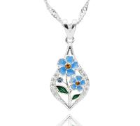 equilibrium Forget Me Not Silver Plated Necklace, Blue Floral Teardrop Pendant with Cubic Zirconia Crystals, Gift Boxed