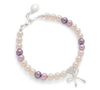equilibrium Freshwater Pearl Bracelet with Silver Plated Bow Charm, Adjustable Beaded Design, Pavé Heart Detail, Pink and Purple Pearls