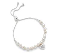 equilibrium Freshwater Pearl Bracelet with Textured Heart Charm, Silver Plated Adjustable Friendship Bracelet
