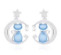 Equilibrium Furry Companions Cat on Moon Earrings, Silver Plated with Cubic Zirconia Stones, Celestial Blue Cat & Crescent Moon Design, 2.5 x 1.7 x 0.5cm