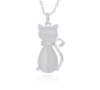 equilibrium Furry Companions Silver Plated Cat Necklace with Crystal Accents, White Enamel Design (Height: 1.5 x Width: 0.9 x Depth 0.4cm)