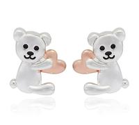 Equilibrium Girls' Sitting Teddy Stud Earring, Two-Tone Silver Plated with Rose Gold Heart, Gift Boxed