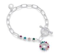 equilibrium Glam Rox Collection Silver Plated Chain Bracelet with Multicoloured Cubic Zirconia Circle Charm, Toggle Clasp