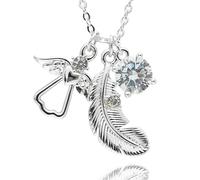 equilibrium Guardian Angel Necklace, Silver Plated with Cubic Zirconia, Feather and Angel Charm Pendant