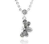 equilibrium Honey Bee Collection Silver Plated Necklace with Hexagon Cubic Zirconia Crystal, Antiqued Bee Pendant, Gift Boxed