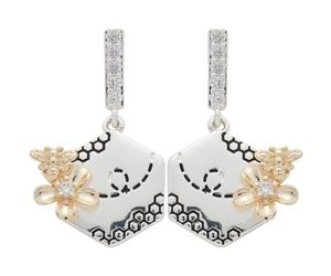 Equilibrium Honey Bee Honeycomb Two Tone Drop Earrings, Silver and Gold Plated, Pavé Cubic Zirconia, Hexagon Design