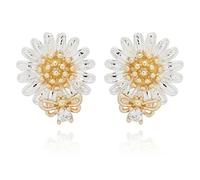 Equilibrium Honey Bee Two Tone Daisy Bee Earrings, Silver and Gold Plated, CZ Crystal Bow Design, Height: 1.3 x Width: 1.1 x Depth: 0.5 cm