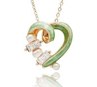 equilibrium Iced Gems Collection Twisted Heart Necklace, Gold Plated, Pearl and Cubic Zirconia Crystal Accents, Green Enamel Heart Pendant