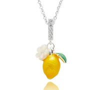 equilibrium Juicy Gems Collection Lemon Pendant Necklace, Silver Plated with Pavé Cubic Zirconia, Mother of Pearl Flower Charm