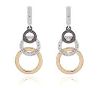 Equilibrium Mixed Metal Circle Drop Earring, Silver, Gold and Black Tone, Cubic Zirconia Pavé Cubic Zirconia, Geometric Style, Gift Boxed