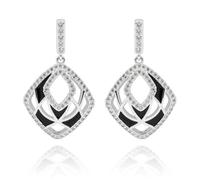 Equilibrium Monochrome Art Deco Silver Plated Drop Earrings, Geometric Pavé Design with Black and Clear Cubic Zirconia, 2 x 1.7 x 0.3cm