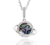 equilibrium Paua Shell Planet Necklace, Silver Plated, Iridescent Abalone Shell, Cubic Zirconia, Orbital Pendant, Space Inspired Design