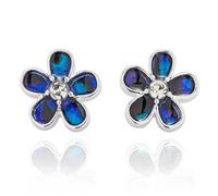Equilibrium Paua Shell Pretty Flower Silver Plated Stud Earrings, Blue Iridescent Cubic Zirconia Crystal Centre