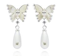 Equilibrium Pearl Butterfly Sparkle Silver Plated Earrings, Pavé CZ Detail, Delicate Butterfly Design, 1.4 × 1.5 × 0.3 cm