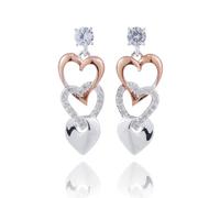 Equilibrium Polished Two Tone Silver and Rose Gold Plated Hanging Heart Trio Earrings