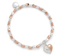 equilibrium Polished Two Tone Textured Heart Bracelet, Silver and Rose Gold Plated with CZ Crystal Accent, Romantic Beaded Chain Design, 1.3 x 1.2 x 0.5cm