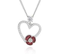 equilibrium Poppy Sparkle Heart Necklace, Crystal Accented Heart Pendant with Red Enamel Flower, Silver Tone