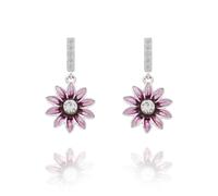 Equilibrium Purple Daisy Flower Drop Earrings, Silver Plated with Pavé Cubic Zirconia, Gift Boxed